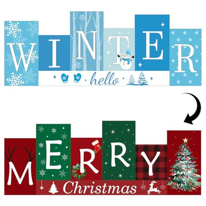 Christmas Table Decorations Wooden Winter Table Centerpieces Merry Christmas Reversible Double-sided Pattern Sign Standing Tabletop Merry for Holiday Office Desk Party Shelf Farmhouse