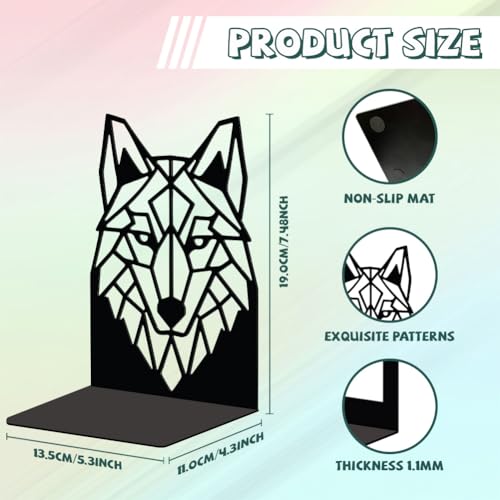 Peacoblue 5.3"x4.3"x7.5" Metal Bookends, Heavy Duty Book Ends for Shelves - style: Geometric Wolf Head