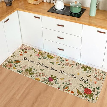 Spring Summer Kitchen Mats Vintage Florals Bird Low Profile Rugs