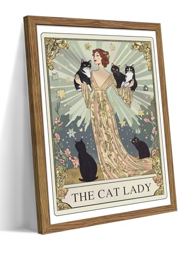 Framed Black Cat Wall Art, Vintage The Cat Lady Tarot Canvas Wall Decor Paintings, Funny Cute Woman Animal Poster Prints Picture Artwork for Bedroom Living Room 16x24 Inch - color: Black Cat and Lady, size: 24"L x 16"W