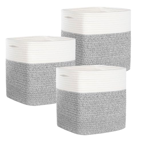 COMFY-HOMI 3PACK Cotton Rope Square Basket with Handles for Shelves|Dog Toy Bin and Storage|Baby Gift|Shoe Organizer|New 11" x 11" x 11" for Living Room - color: Grey, size: 3-11"x 11"x 11"