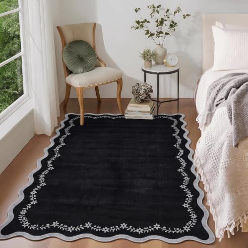 GarveeHome 3x5 Scalloped Washable Area Rug Non Slip Bedroom Entryway Rug - color: Black, size: 3' x 5' (Rectangular)