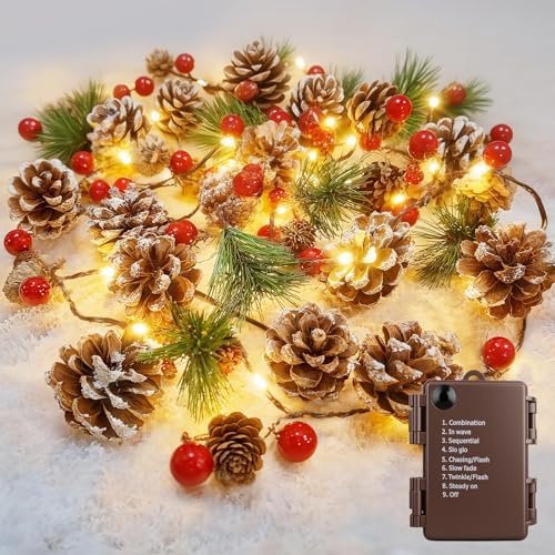 Luditek Christmas Garland with Lights, 6.4FT Battery Operated Prelit Garland Decorated with 20 LED Red Berries Pine Cones, Christmas Decorations Indoor for Mantel, Home, Fireplace, Stairs, Xmas Decor