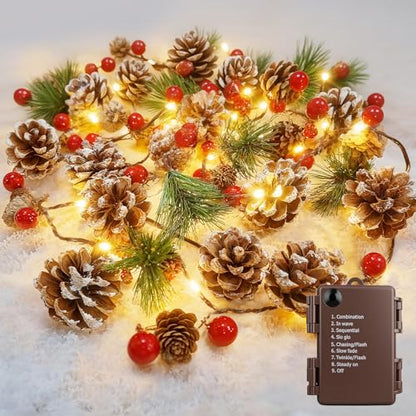 Luditek Christmas Garland with Lights, 6.4FT Battery Operated Prelit Garland Decorated with 20 LED Red Berries Pine Cones, Christmas Decorations Indoor for Mantel, Home, Fireplace, Stairs, Xmas Decor
