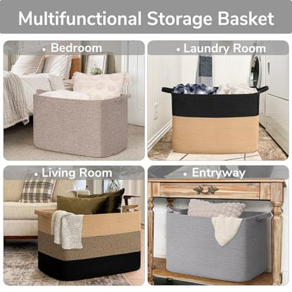 Goodpick 105L Extra Large Woven Rope Blanket Basket, Rectangle, Gray - color: Grey, size: XX-Large(25"L x 16"W x 16"H)