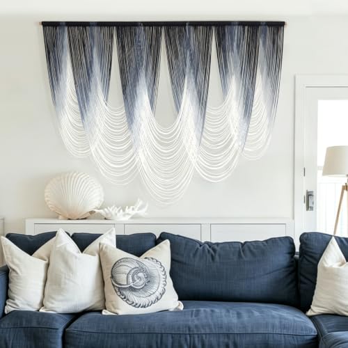 Macrame Wall Hanging Dip-Dyed Navy Blue Boho Wall Art Yarn 57" W*41" L - color: Navy Blue