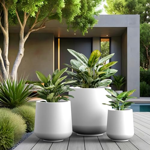 Kante Round Concrete Planter Set of 3-9.4"/13"/16.5" Dia Barrel-Style Garden Pots with Drainage Hole for Flowers and Trees (7.1"/10.2"/13.8" Opening), White - color: White, size: 16.5"+13"+9.4" D