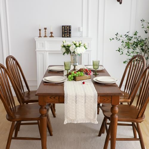 Simple&Opulence Boho Macrame 100% Cotton Table Runner - 12 x 60 Inch, Woven Farmhouse Table Runner with Fringed Edges for Bohemian Rustic Wedding, Bridal Shower, Dinner （White） - size: 12"x60", style: Cotton /white