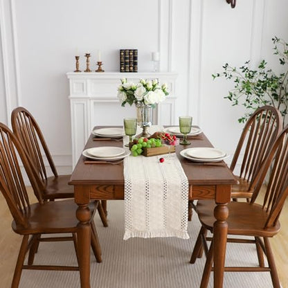 Simple&Opulence Boho Macrame 100% Cotton Table Runner - 12 x 90 Inch, Woven Farmhouse Table Runner with Fringed Edges for Bohemian Rustic Wedding, Bridal Shower, Dinner （White） - size: 12"x90", style: Cotton /white