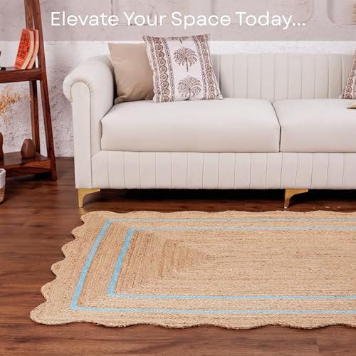Wave Scalloped Jute Rug Entryway Natural Boho Area Rug Sky Blue 2'x3' - color: Sky Blue, size: 2'x3'