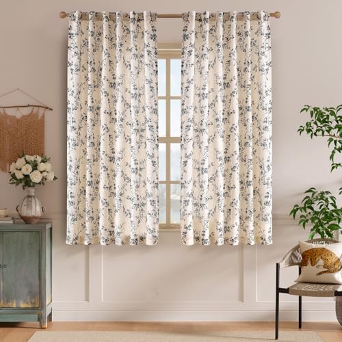 Lazzzy Black Vintage Floral Linen Curtains Farmhouse 50W X 63L 2 Panels - color: Black on Beige, size: 50"W x 63"L (Pack of 2)