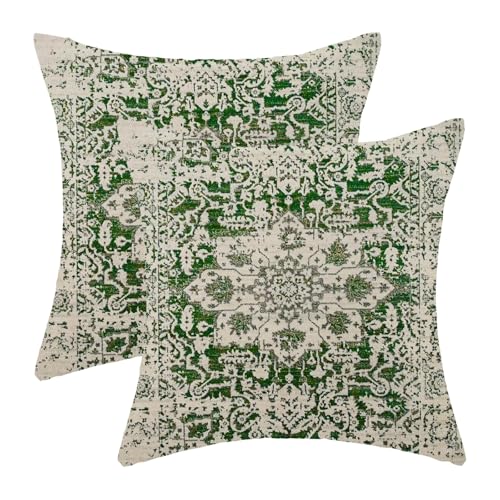 AEIOAE Boho Pillow Covers 18x18 Inch Set of 2,Sage Green Beige Carpet Pattern Throw Pillows Case,Ethnic Design Retro Outdoor Decorative Square Linen Farmhouse Decor Cushion Covers for Home Sofa Couch - color: Sage Green Beige, size: 18" x 18" (Pack of 2)