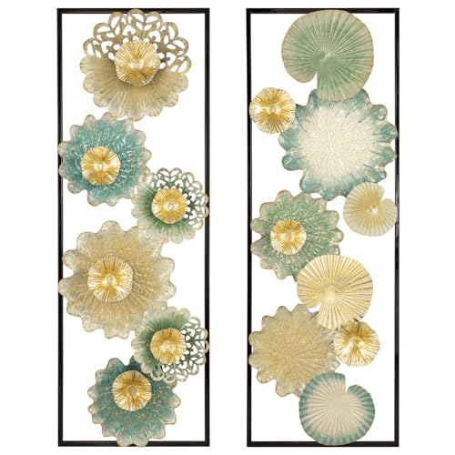 Arborus Metal Wall Art, Set of 2 Large Mordern Rectangular Wall Panels, Abstract Minimalist Flower Wall Décor for Living Room, Bedroom, Kitchen, Hallway Decoration - color: Turquoise Blue Gold
