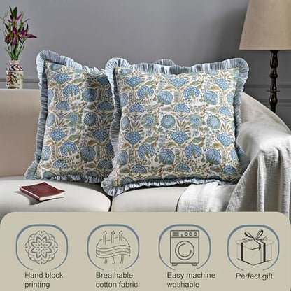 Ridhi Asparagus Green Floral Block Print Throw Pillow Covers 18 x 18 Inch - color: Asparagus Green, size: 18" x 18" (Pack of 2)