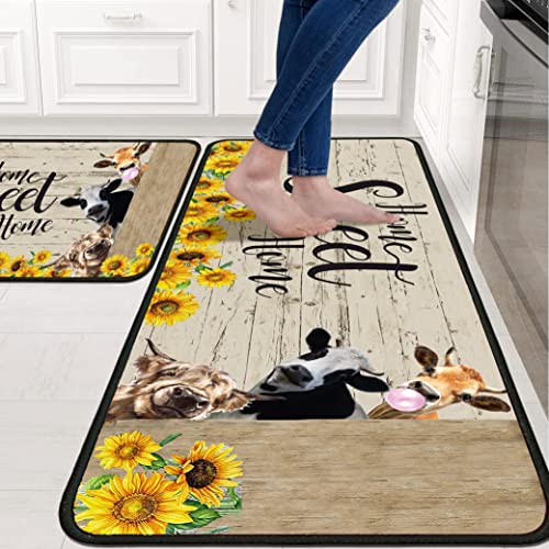 Cow Sunflower Kitchen Rug for Floor 2 Piece Sets, Home Sweet Home Kitchen Rugs, Cow Kitchen Mats in Front of Sink and Sunflower Kitchen Mat for Standing for Kitchen Decor 17"X30"+17"X47" - color: Cow Sunflower Kitchen Mat