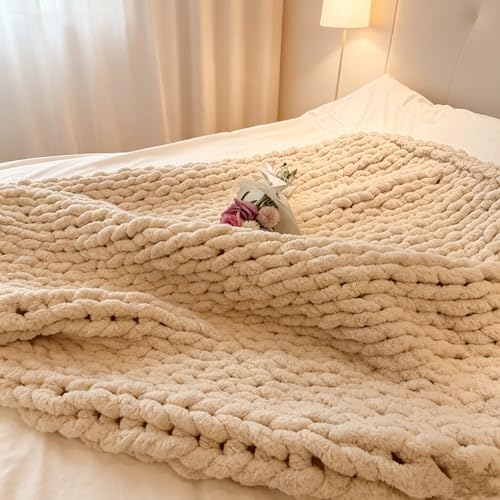 Soft Chunky Knit Throw Blanket for Couch, Cozy Warm Knitted Blankets - color: Beige, size: 40\"x40\"(Small SizeThrow)