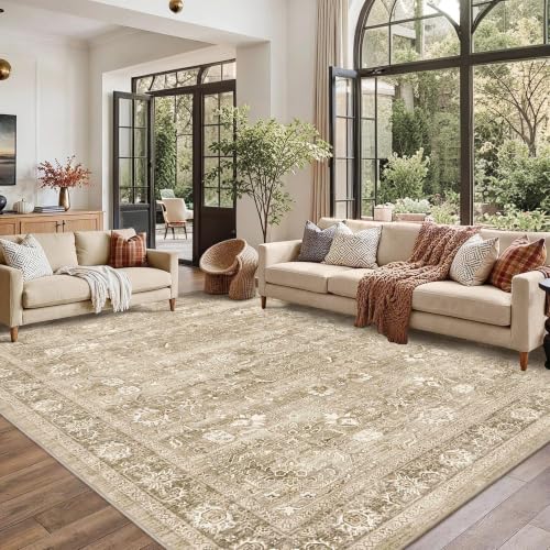 8x10 Washable Living Room Area Rug Non-Slip Retro Khaki Large Carpet - color: Accent | Beige Khaki, size: 8' x 10' (Rectangular)