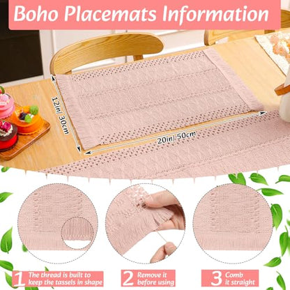 Boho Table Runner and Placemats Set, 6 Sets, Pink, 12x72 - color: Pink, size: 12x72"