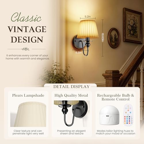 6000mAh Battery Operated Wall Sconces Set of 2, Black, 10.6 Inch - color: Black