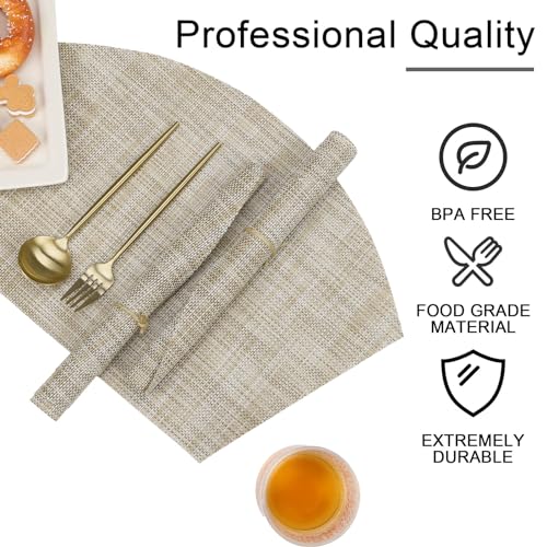 SHACOS Wedge Placemats Set of 4 for Small Round Table Woven Vinyl Curved Placemats Wipe Clean Circle Table Mats Indoor Outdoor, Beige - color: Linen Beige