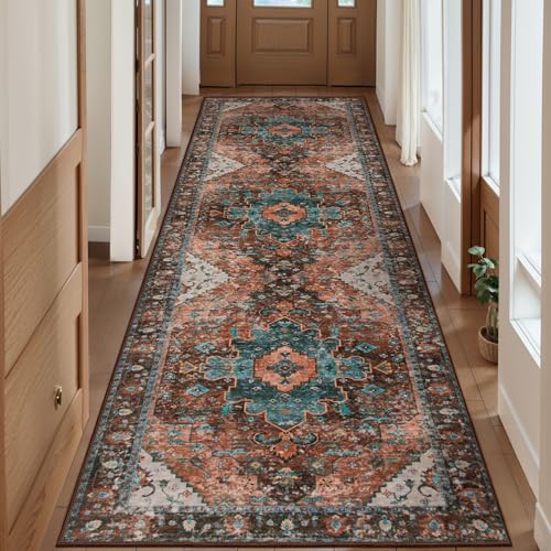 Ciicool Washable Long 10ft Runners for Hallway,2'6''x10' Kitchen Runner Rug - color: Brick Red/Dull Teal, size: 2'6" x 10' (Runner)