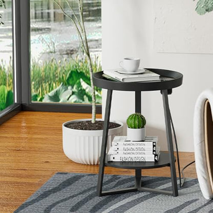 Gadroad Round End Table with Charging Station, Black - color: Black, size: 15.75"D x 15.75"W x 23"H (with Charging Station)