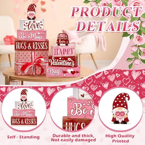 Britimes Tray Block Signs Set, 8Pack, Wooden, Home Kitchen, Valentines Day - style: Pink Gnome Valentine's Day