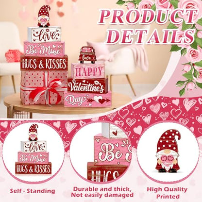 Britimes Tray Block Signs Set, 8Pack, Wooden, Home Kitchen, Valentines Day - style: Pink Gnome Valentine's Day