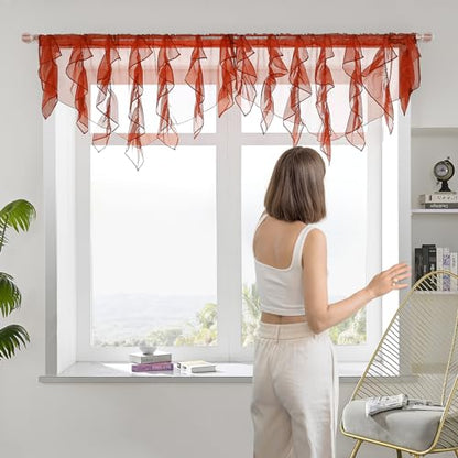 PearAge Ruffled Voile Semi Sheer Curtain Valance, Kitchen Living Room Shabby Chic Ruffle Valance Curtains, Girls Daughters Bedroom Cascade Window Valance 52x26 Inches (Red-Triangle) - color: Red