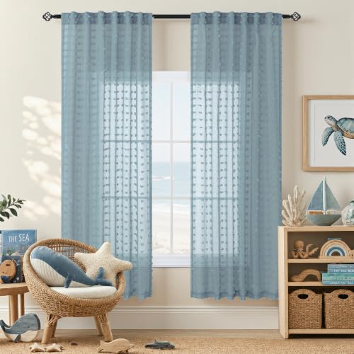 DANCURTON Stone Blue Sheer Curtains 63 Inch Length for Boys Bedroom Nursery Boho Farmhouse Light Blue Pom Pom Semi Sheer Kitchen Curtain Summer Beach Themed Ocean Coastal Decor 52x63 Back Tab 2 Panels - color: Stone Blue, size: 52"W x 63"L (Pack of 2)