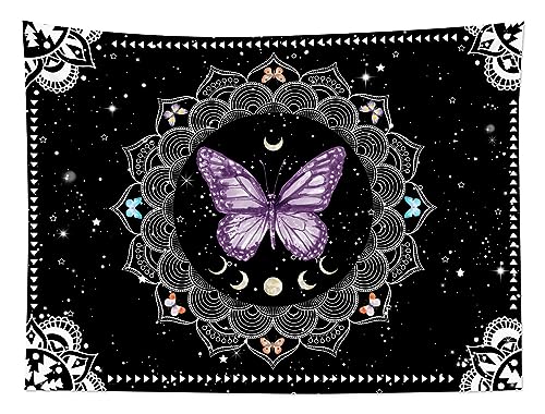 LB Butterfly Mandala Wall Tapestry Purple Butterfly Black and White Mandala Bohemian Tapestry Wall Hanging Star Moon Phase Aesthetic Wall Art for Bedroom Living Room Home Decor 48Wx36L Inches - color: Purple, size: 36"L x 48"W