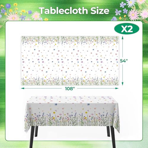 Spring Floral Party Tablecloth, 2 Pack Wildflower 54 x 108 Inch Tablecloth for Party Decorations, Butterfly Rectangular Table Cover, Disposable Plastic Table Cloth for Birthday and Celebration Event - color: Spring Floral