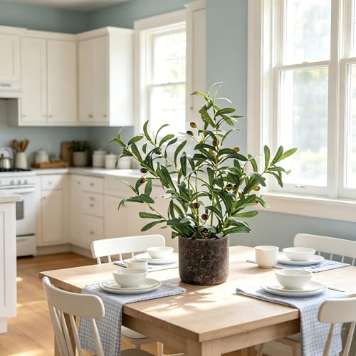 AlphaAcc Fake Faux Small Olive Potted Plant 18" Rustic Cement Planter - color: Green Olive Plant 18" H