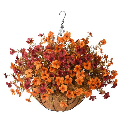 Artificial Fall Hanging Flowers Basket, UV Resistant Mums for Outdoors - color: A Orange Brown