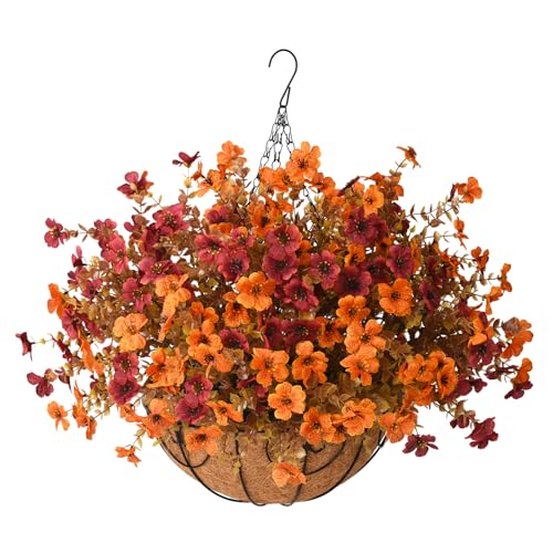 Artificial Fall Hanging Flowers Basket, UV Resistant Mums for Outdoors - color: A Orange Brown