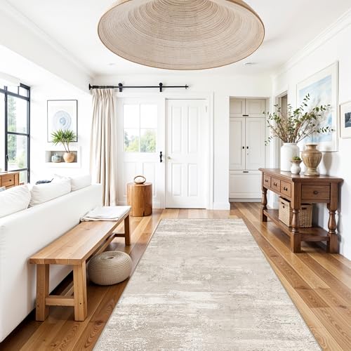 Washable Hallway Runner Rug 4x10 - Indoor Kitchen Carpet with Non Slip Backing Low Pile Foldable Rugs for Bedroom Laundry Entryway Ultra-Soft Modren Abstract Home Decor Floor Mat 4x10 Beige - color: Beige, size: 4' x 10' (Runner)