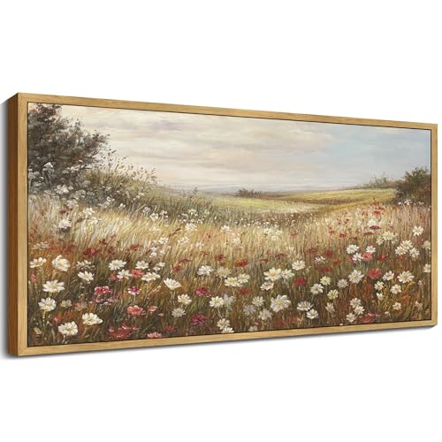 KUVIOKE Vintage Landscape Framed Wall Art Grassland Meadow Wildflower Field Wall Prints Classic Retro Farmhouse Rustic Decorations for Living Room Bedroom 8x16in (Natural Framed) - color: Vintage Wildflower, size: 16"L x 8"W