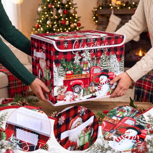 Briwooody Red Plaid Christmas Storage Bin with Lid and Carrying Handle - style: Plaid Christmas