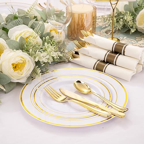 WELLIFE 210 Piece Gold Plastic Dinnerware Set, Include: 30 Dinner Plates, 30 Dessert Plates, 30 Pre Rolled Napkins with Silverware and 30 Cups - color: Gold, style: 210PCS（30 Guests）