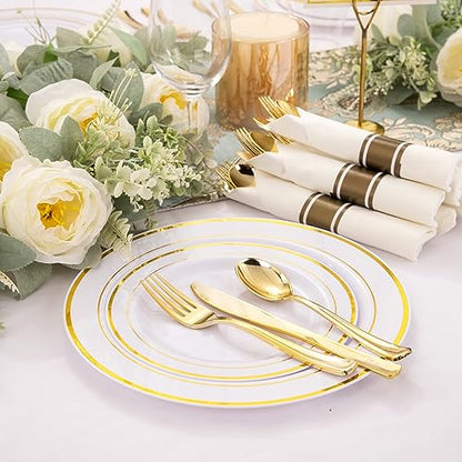WELLIFE 210 Piece Gold Plastic Dinnerware Set, Include: 30 Dinner Plates, 30 Dessert Plates, 30 Pre Rolled Napkins with Silverware and 30 Cups - color: Gold, style: 210PCS（30 Guests）
