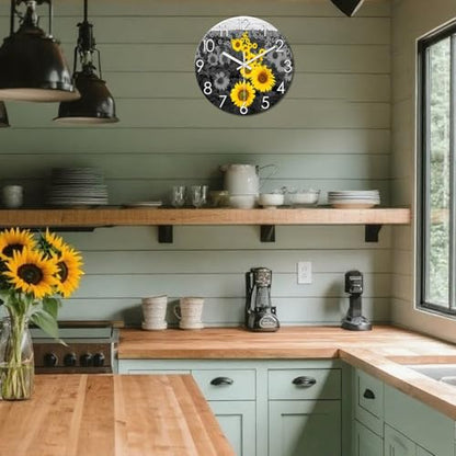 XFM Sunflower Kitchen Glass Wall Clock 14 Inch Silent - color: Yellow1, size: 14 Inch