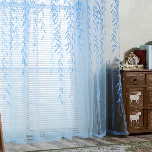 Ufurty 2pcs Willow Leaf Window Curtain Voile Tulle Vine Sheer Curtains - color: Blue Leaf, size: 39.4"W x 78.7"L (Pack of 2)