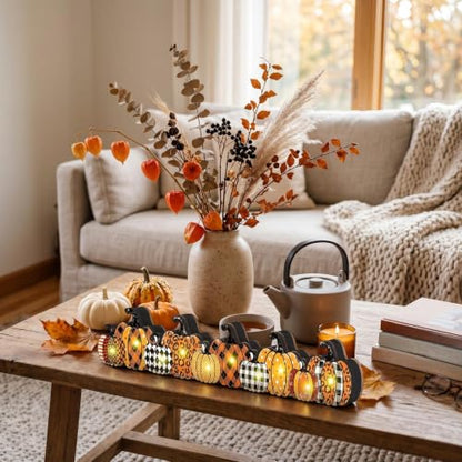 Yousoontic Fall Pumpkin Decor, LED Lighted Fall Table Centerpieces, Retro Plaid Leopard Wooden Pumpkin Sign Decorations 3D Block Farmhouse Decor for Autumn Harvest Thanksgiving Home Mantel Party - style: Plaid Pumpkin
