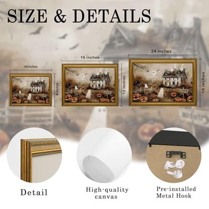 AVECCO Halloween Haunted Pumpkin House Ghost Wall Art Framed Canvas 8x10 in - color: Castle, size: 10"L x 8"W