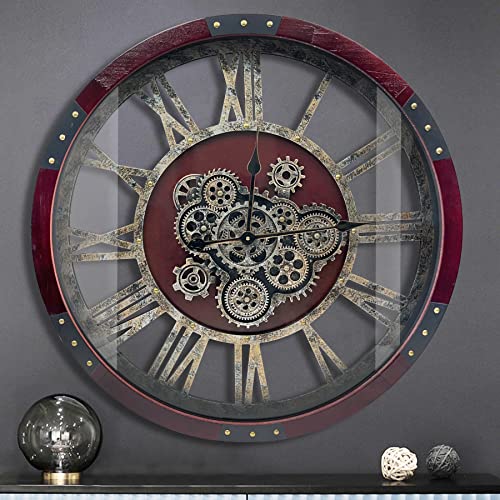 30" Original Moving Gears Wall Clock, Large Industrial Wall Clock for Living Room Decor, Retro Wood Vintage Farmhouse Steampunk Rustic Clocks for Wall Decor,Cherry Red - color: Cherry Red, size: 76cm / 30 inch