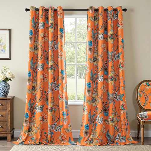 MYSKY HOME Orange Floral Blackout Curtains 84 inches Long for Living Room Bedroom Room Darkening Thermal Insulated Energy Efficient Drapes Grommet Country Window Panels for Home Decor, 2 Pcs, 52" Wide - color: Orange, size: 52"W x 84"L (Pack of 2)
