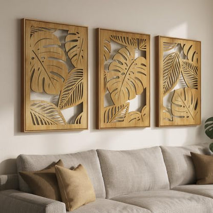 Large Framed Boho Cutout Carved Wood Wall Art for Living Room, 24x36 Inch - color: Natural Color