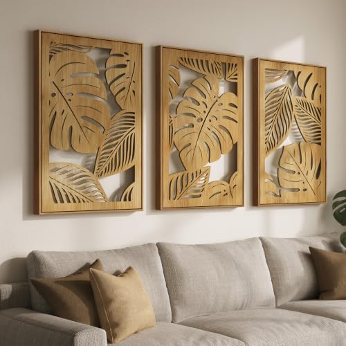 Large Framed Boho Cutout Carved Wood Wall Art for Living Room, 24x36 Inch - color: Natural Color