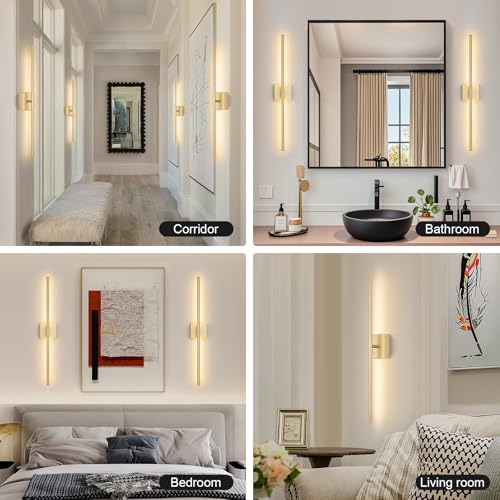 Battery Operated Wall Sconce Set of Two with Remote Control, 3000K-6000K Dimmable Gold Wall Lights, Timable LED Wireless Wall Sconces, 350° Ratate for Bathroom, Living Room, Hallway 29.1 Inch - color: Gold, size: 29.1in(2 Pack)