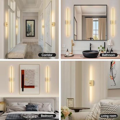Battery Operated Wall Sconce Set of Two with Remote Control, 3000K-6000K Dimmable Gold Wall Lights, Timable LED Wireless Wall Sconces, 350° Ratate for Bathroom, Living Room, Hallway 29.1 Inch - color: Gold, size: 29.1in(2 Pack)